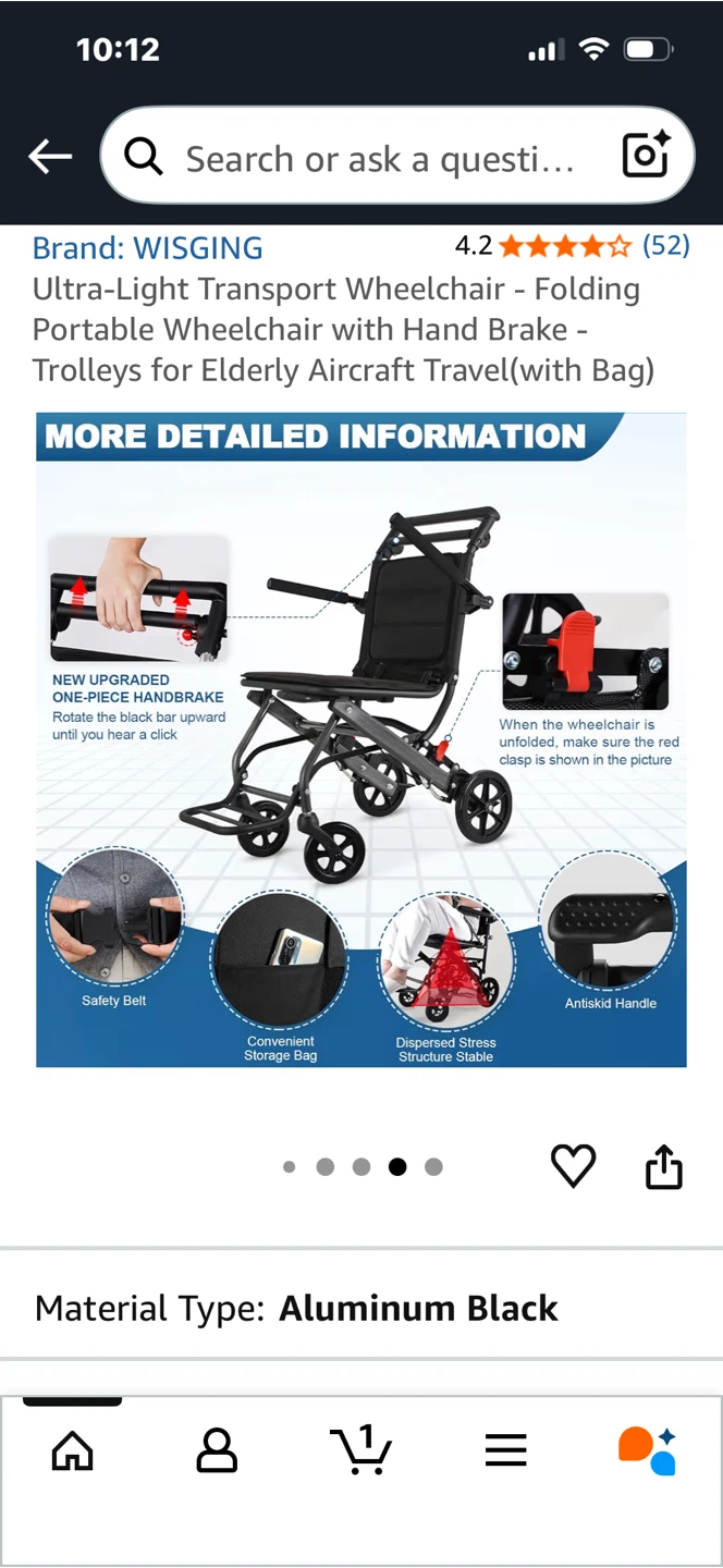 WISGING Ultra-Light Transport Wheelchair - Black - photo 3