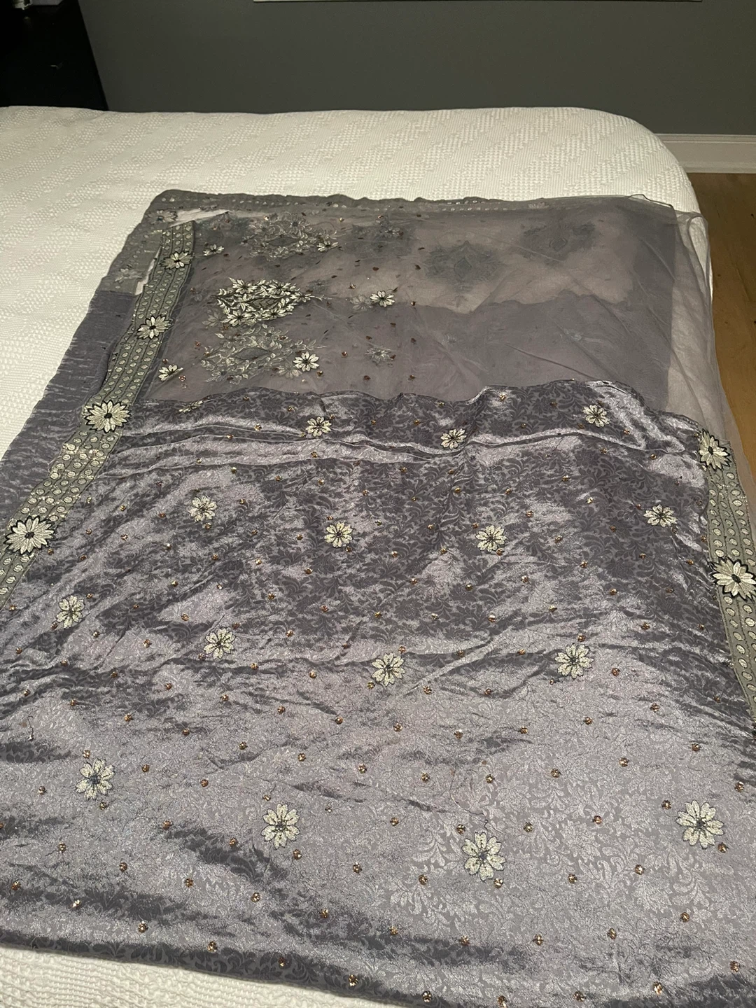 Grey and silver saree in satin and net , beautiful silver work . - photo 4
