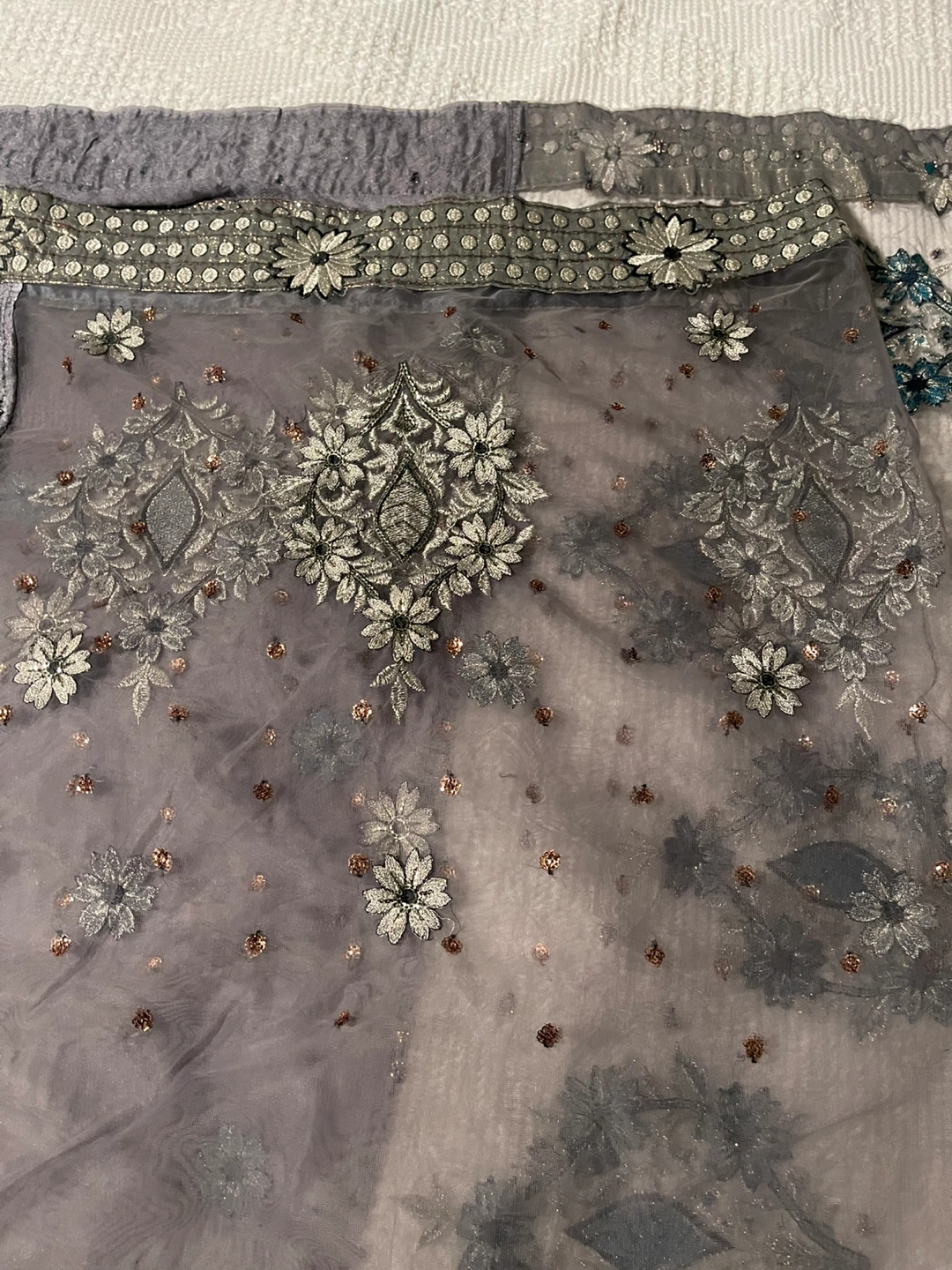 Grey and silver saree in satin and net , beautiful silver work . - photo 5