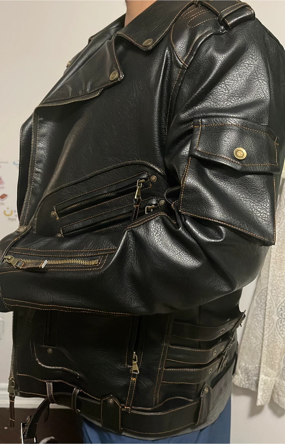 Men’s Black Leather-Style Motorcycle Jacket - photo 4