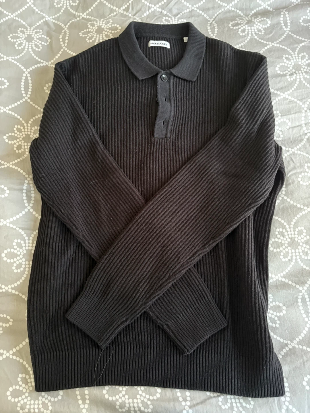 Jack & Jones Black Ribbed Polo Sweater