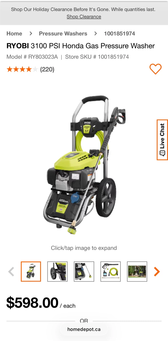 RYOBI 3100 PSI Gas Pressure Washer