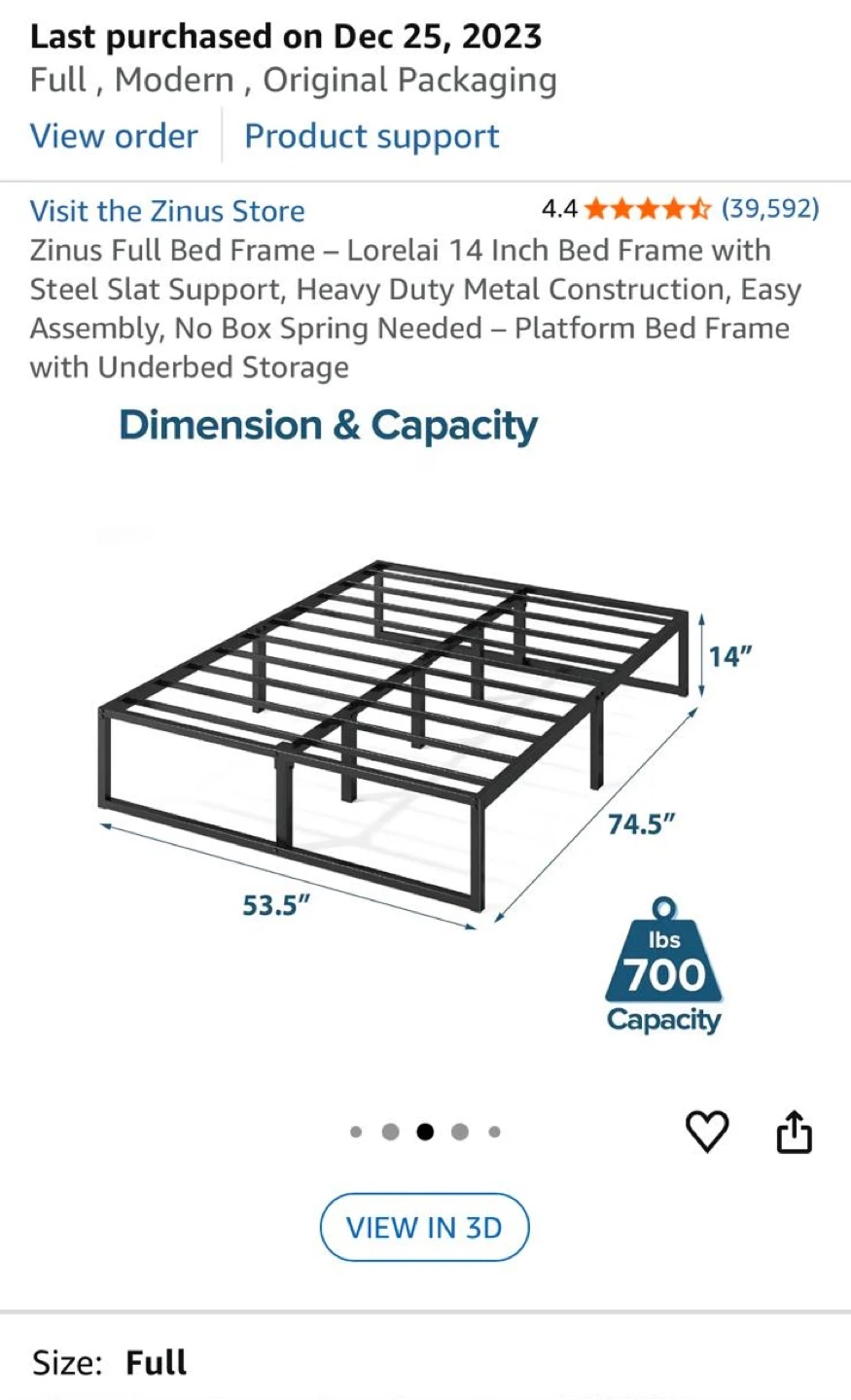 Zinus Lorelai Full Bed Frame - Like New!