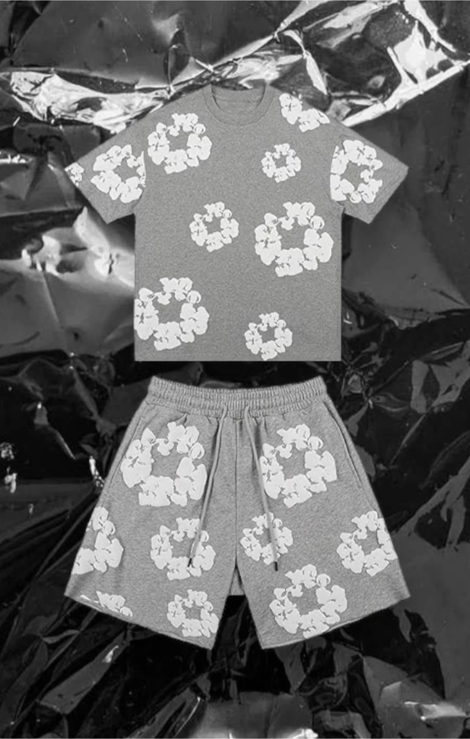 Grey denim tears t-shirt and shorts