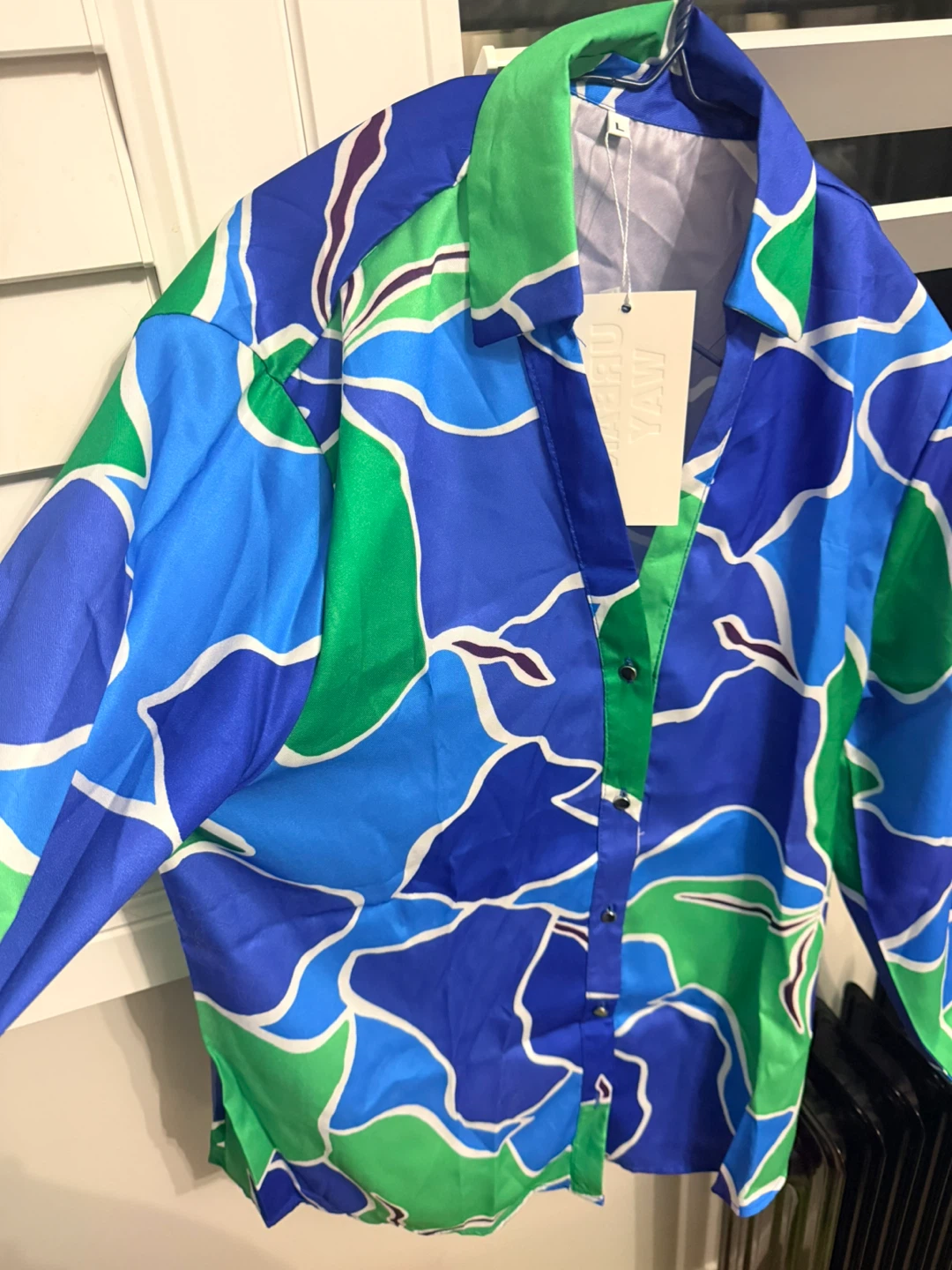 Elegant Satin Shirt - Blue, Green, White - Size L