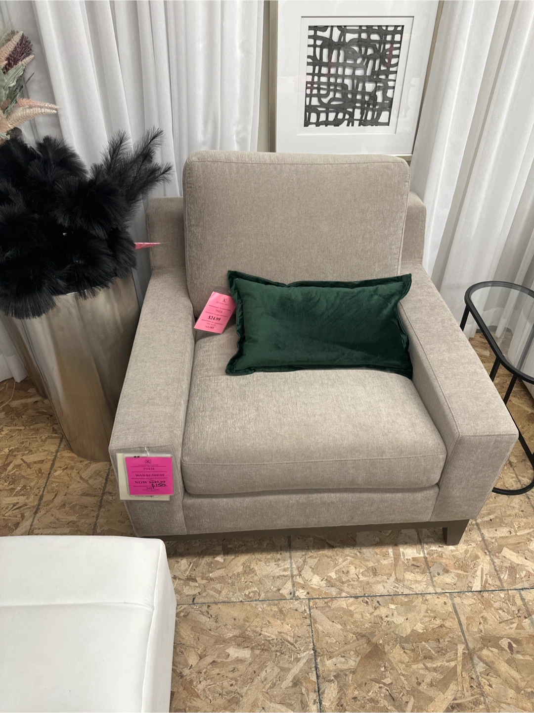 Beige Armchair with Green Pillow
