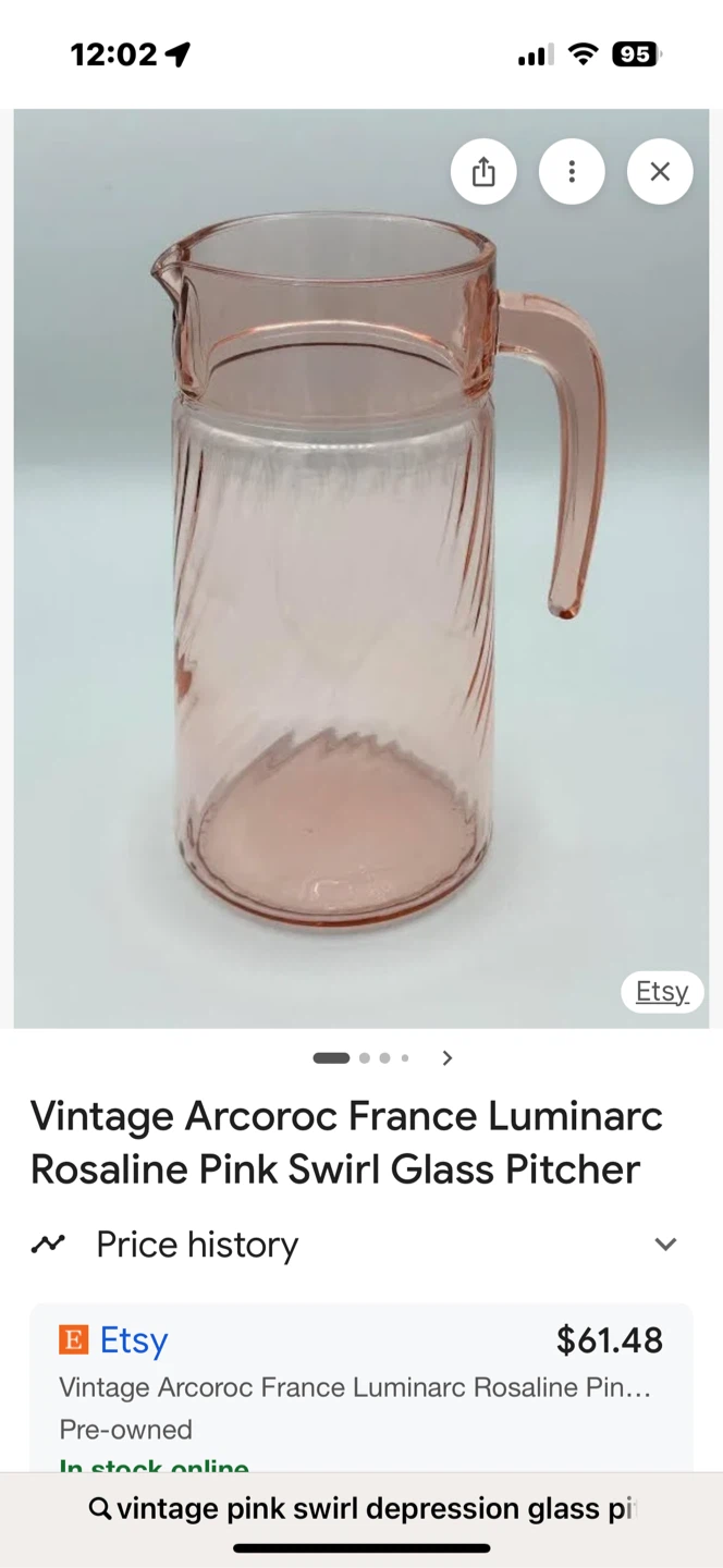 Vintage Arcoroc France Pink Swirl Glass Pitcher