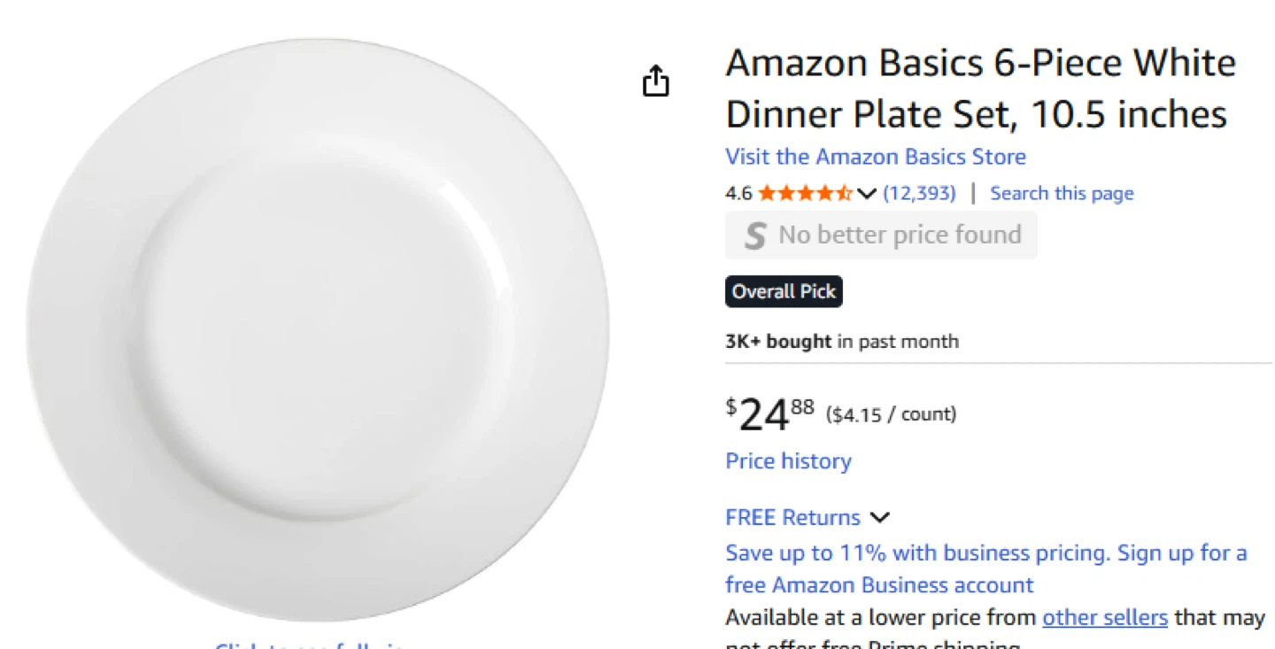 Amazon Basics 6-Piece White Dinner Plate Set, 10.5 inches