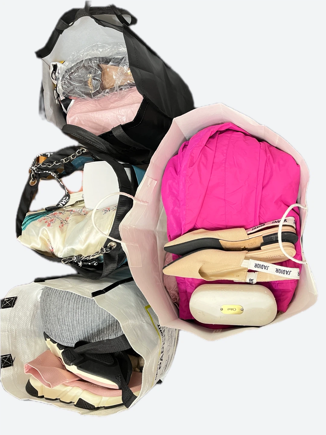 Mixed clothing, bag and accessories assorted stuff inside