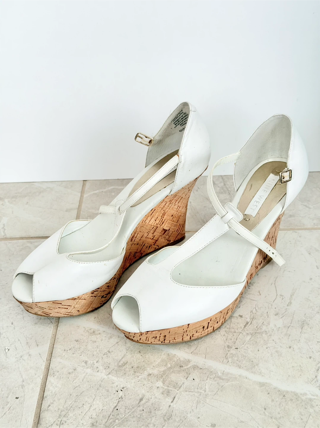 Nine West White Leather Wedge Heels - Size 6.5