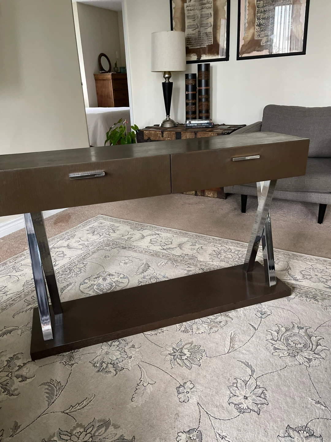 Solid wood Console Table with Drawers - Dark Wood & Chrome