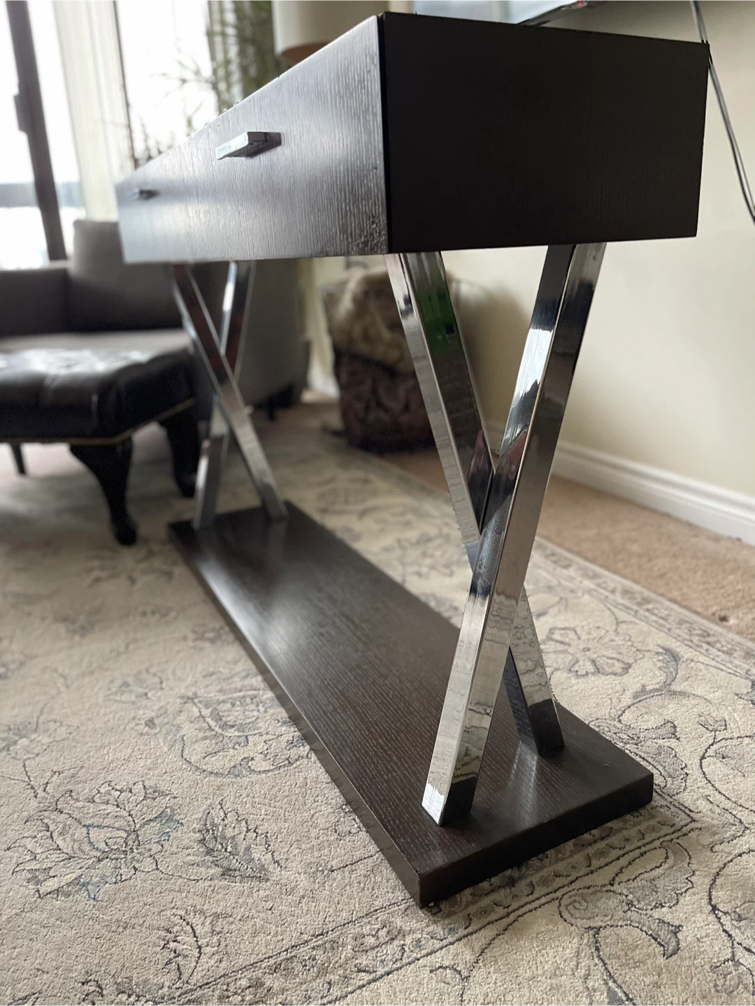 Solid wood Console Table with Drawers - Dark Wood & Chrome - photo 2