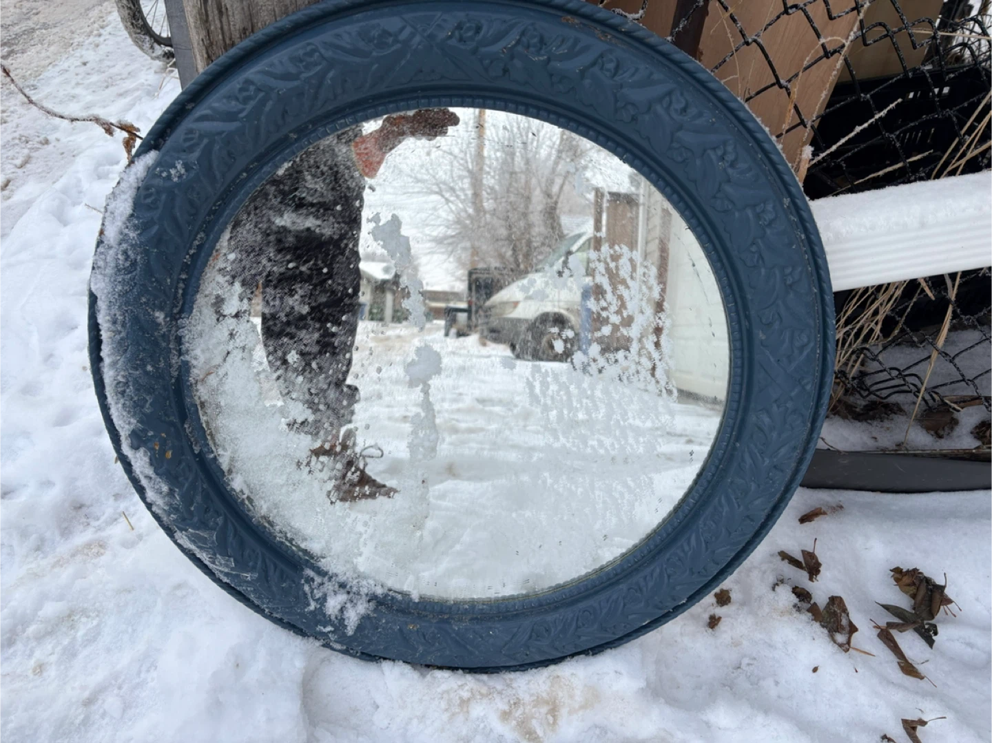 Round Blue Framed Mirror