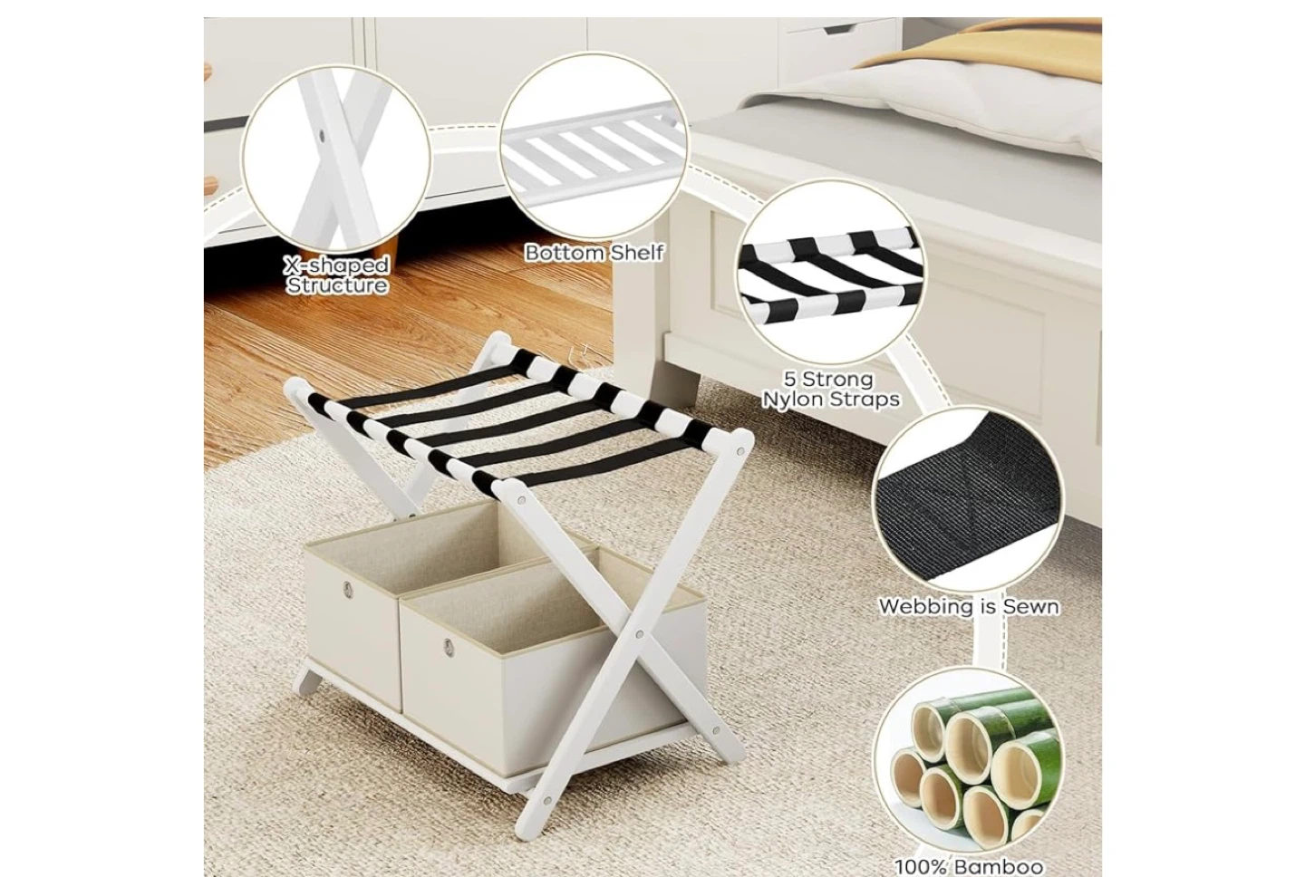 Bamboo Luggage Rack with Storage Baskets
