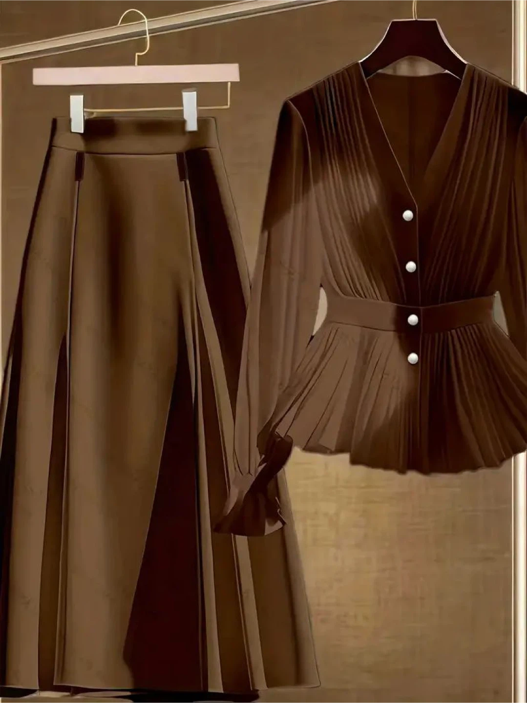 Brown Pleated Skirt and Blouse Set