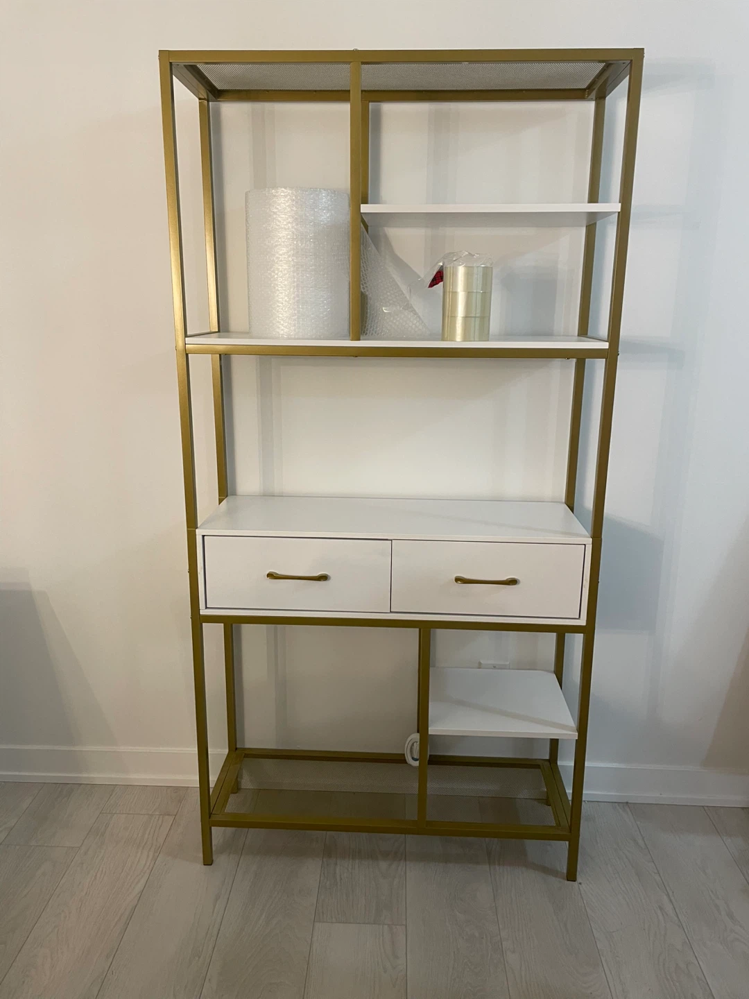 Gold & White Shelving Unit with Drawers