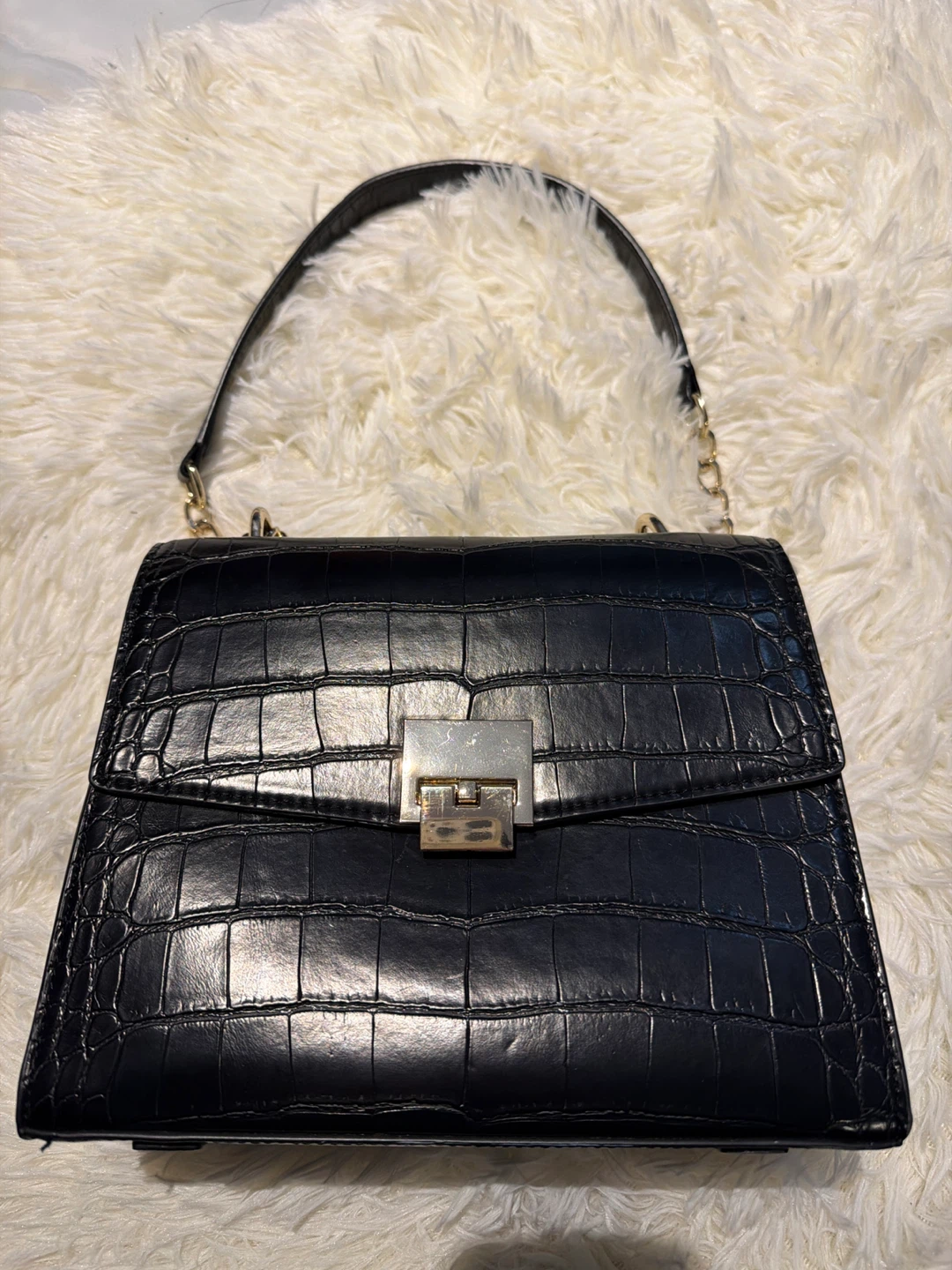 Zara Black Croc-Embossed Handbag