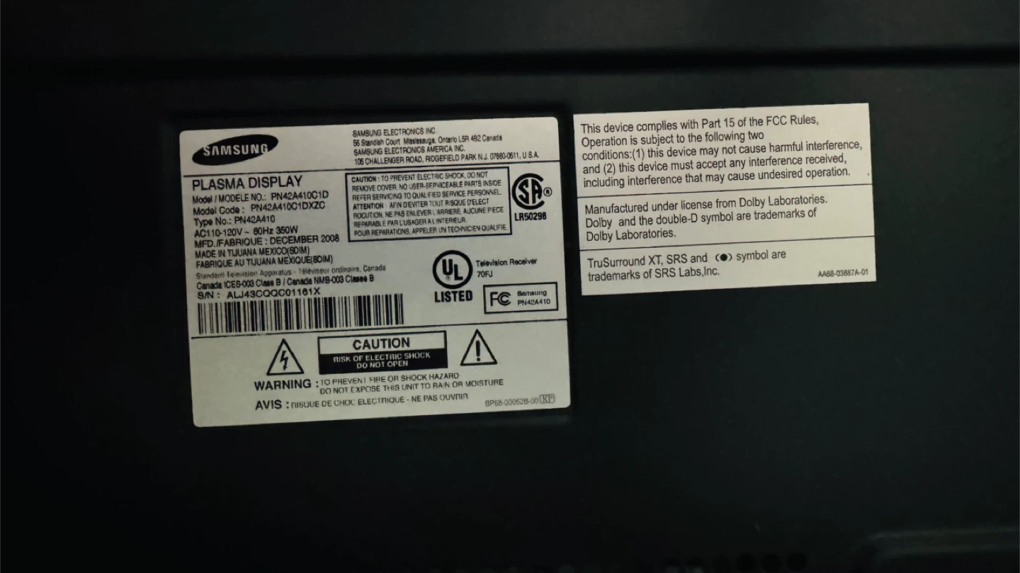 Samsung Plasma TV - Model PH42A410C1D - photo 4