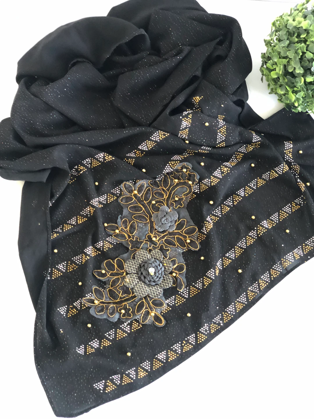 Black Embellished Scarf/Hijab with a flower patch