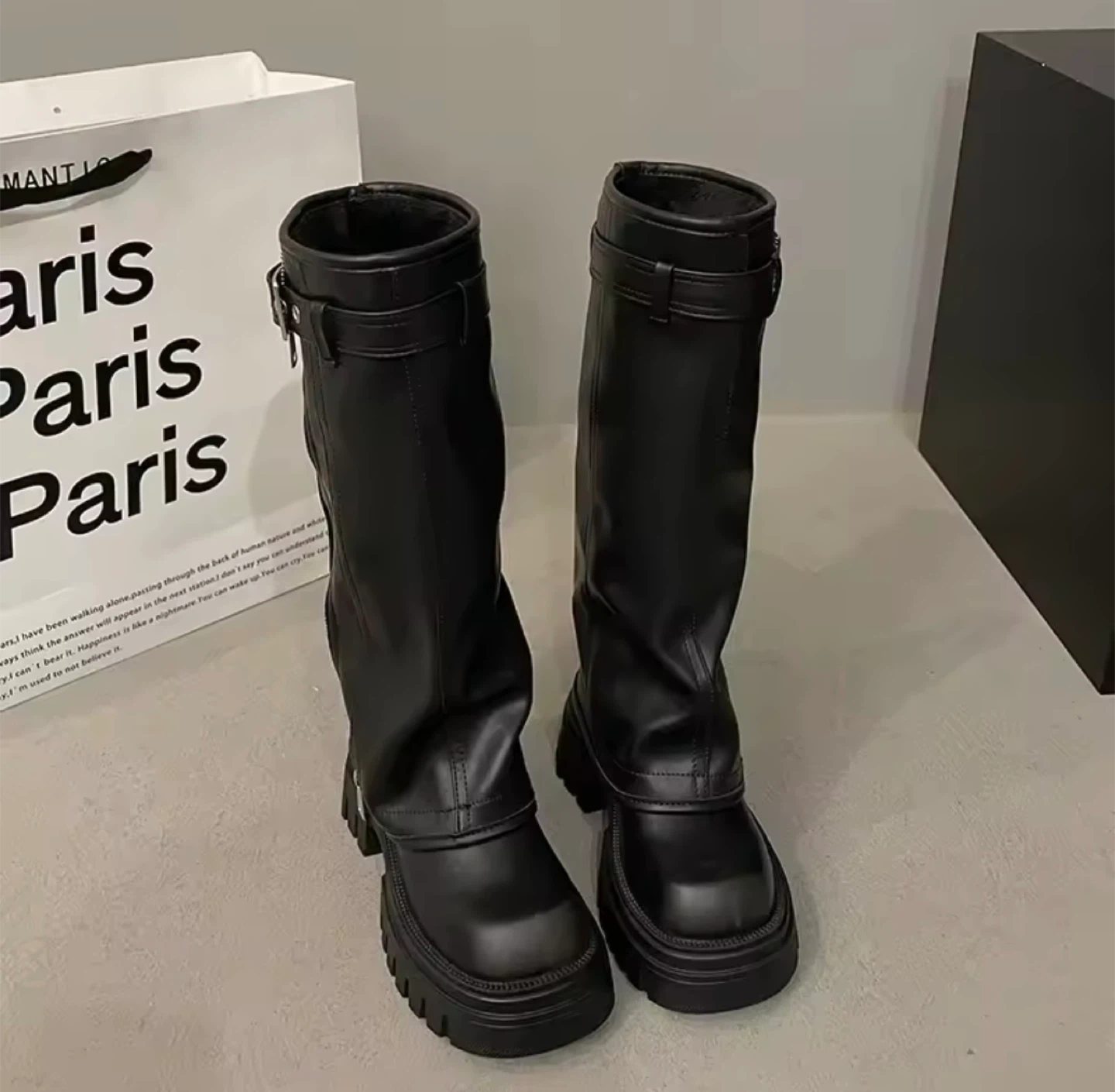 Women’s Black Knee-High Biker Boots – US 6.5