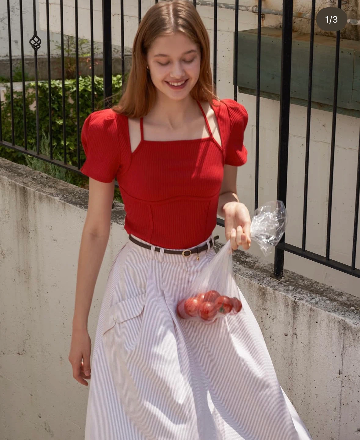 flowom Red Ribbed Tie-Front Top