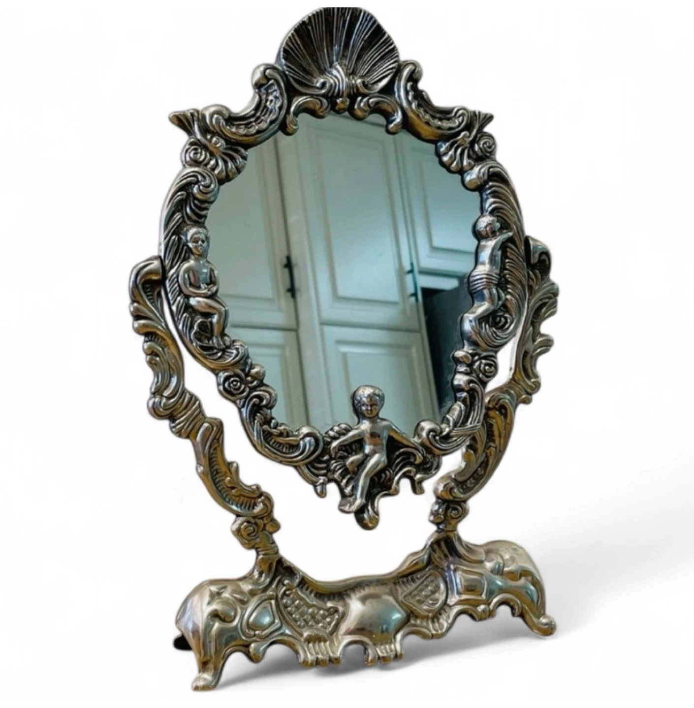 Vintage Silver Plated Ornate Vanity Swing Mirror Cherubs 12.5"