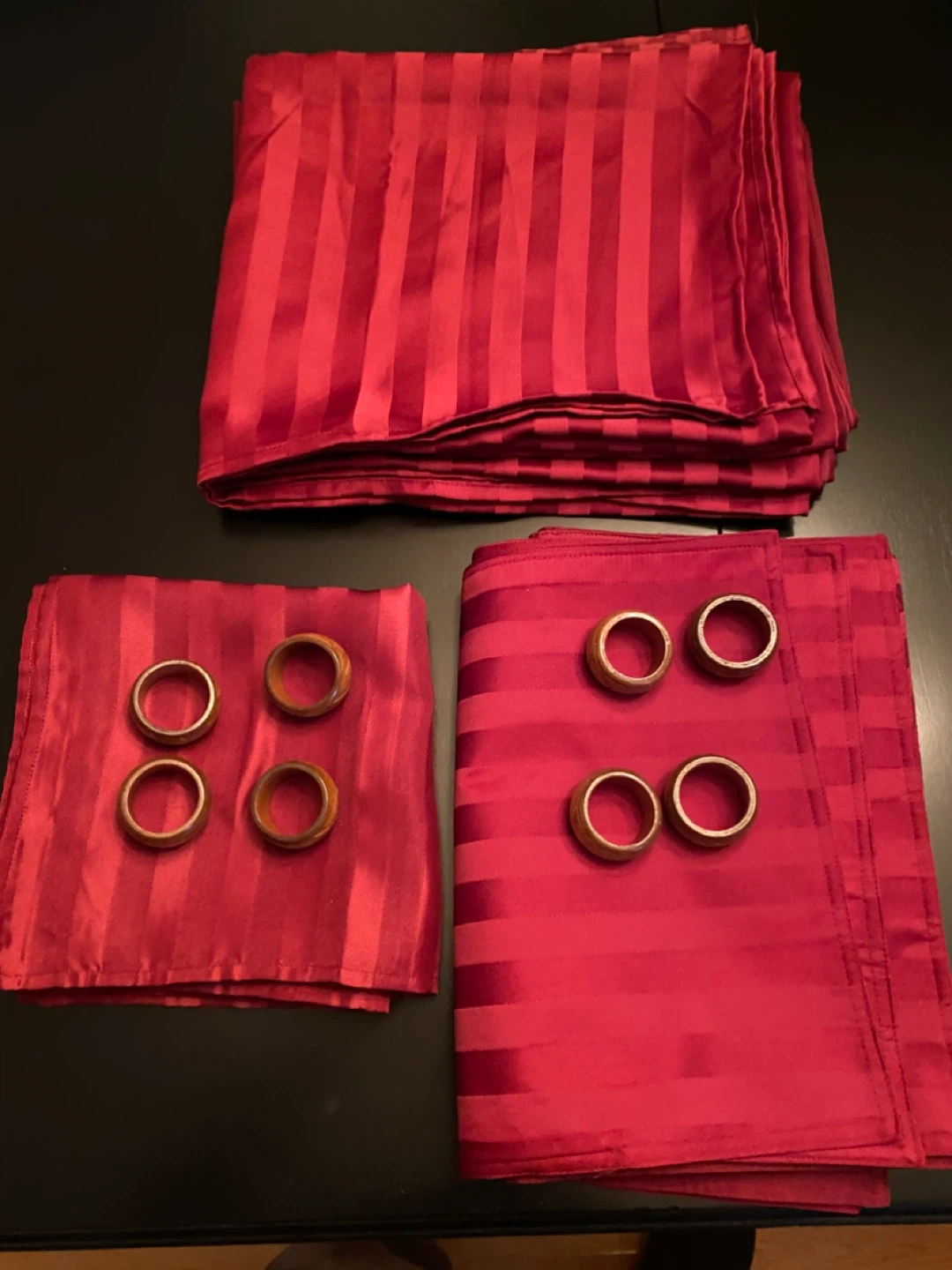 Red Striped Tablecloth, place mats & Napkins with Rings