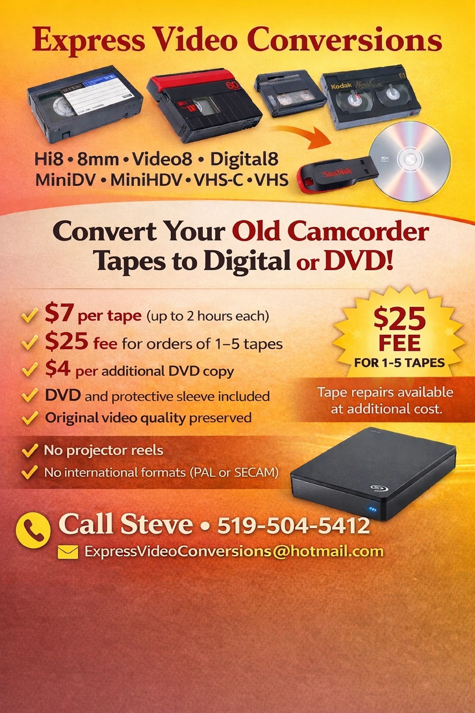 Professional Transfer of Hi8, Audio & VHS Tapes $7 per tape