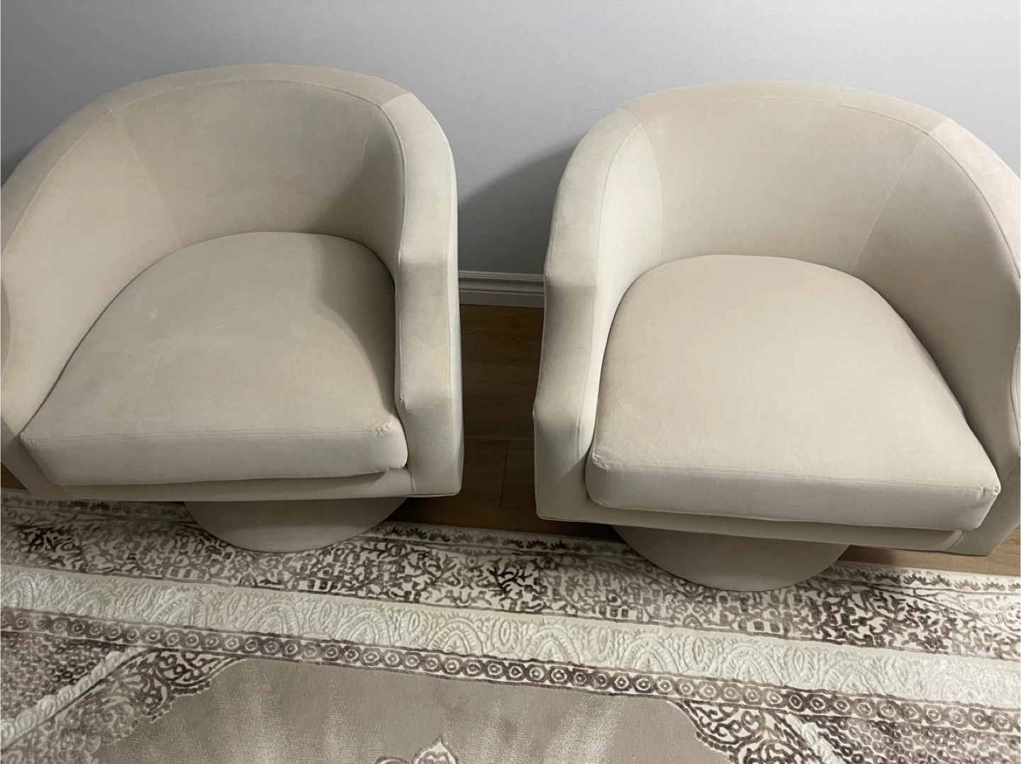 Beige Swivel Barrel Accent Chairs - Pair