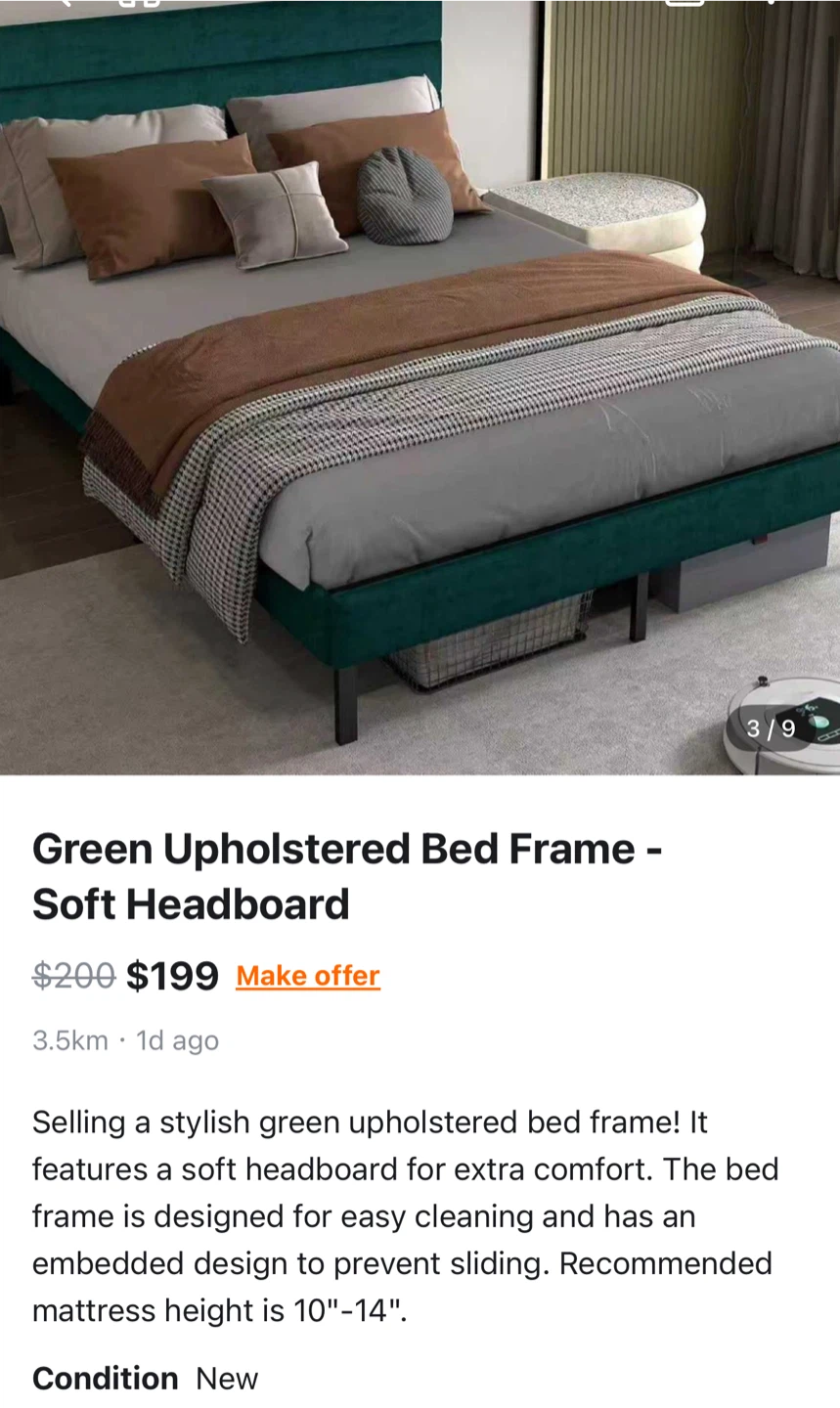 Grey Upholstered Bed Frame - Soft Headboard - photo 2