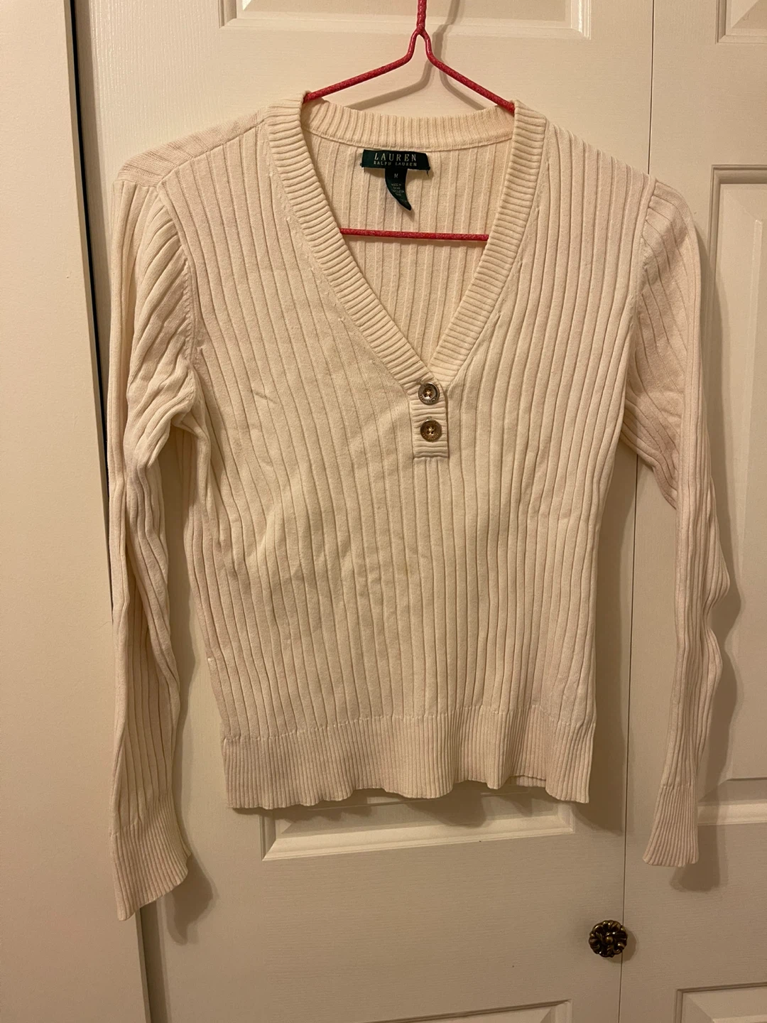 Ralph Lauren Cream Ribbed V-Neck Sweater - Size M