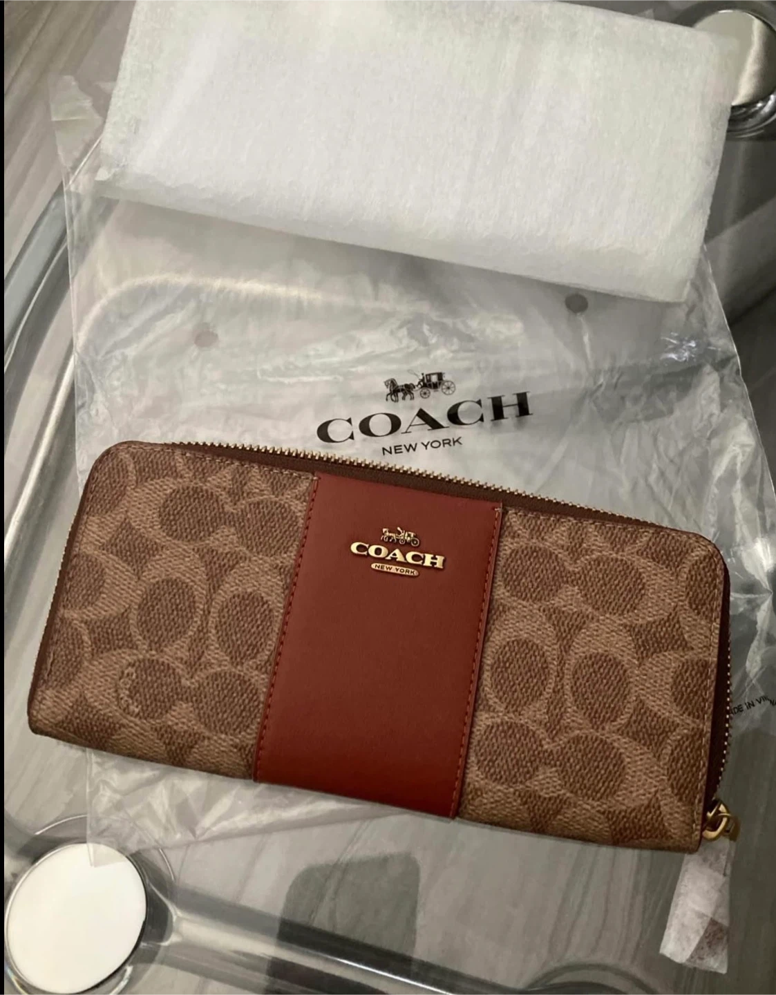 New Coach Brown Signature Long Zip Around Wallet
