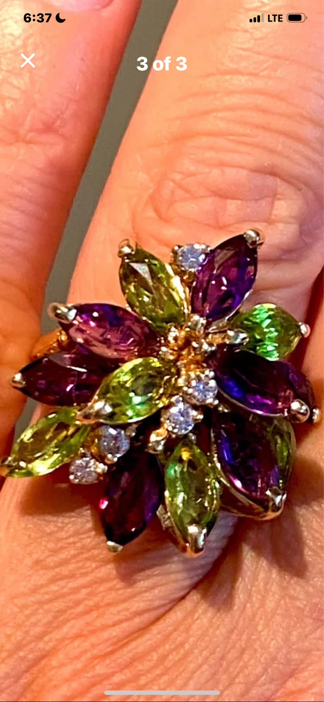 💎Estate Amethyst Peridot Diamond 14k Gold Cluster Ring! - photo 3