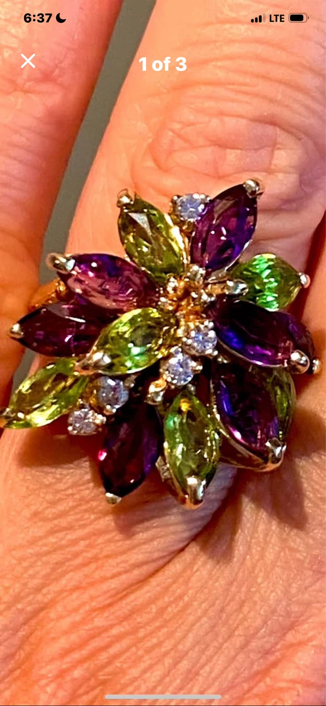 💎Estate Amethyst Peridot Diamond 14k Gold Cluster Ring!
