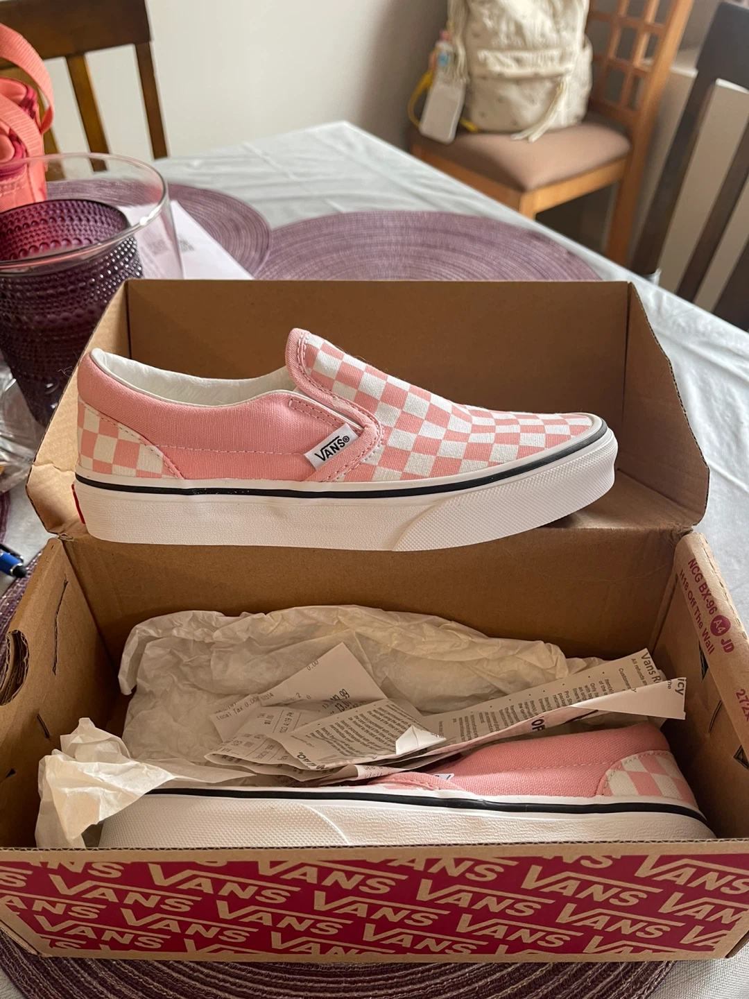 Vans Pink Checkerboard Slip-On Shoes - Size 7