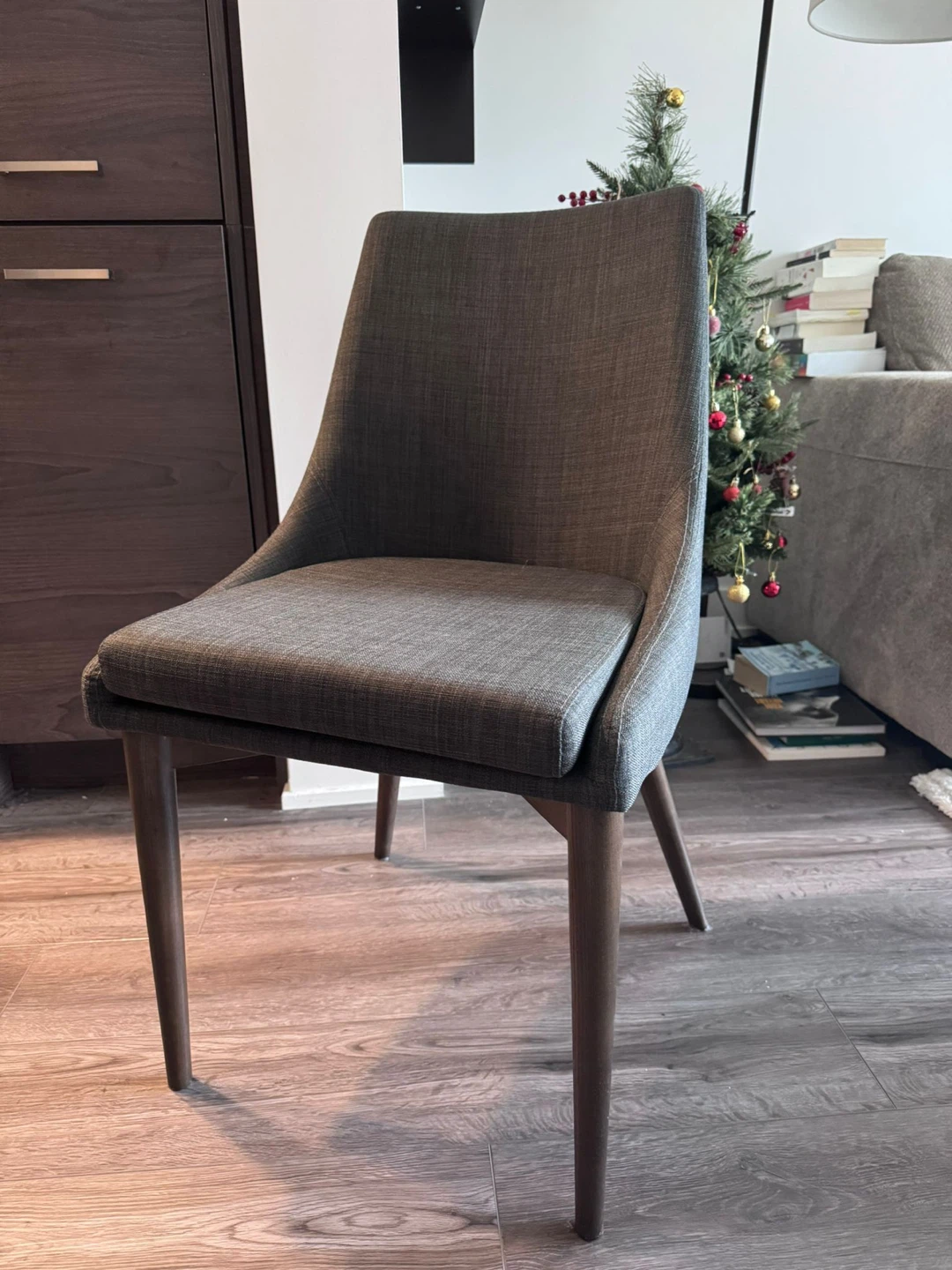 Dining Chair - Grey Fabric, Wood Legs