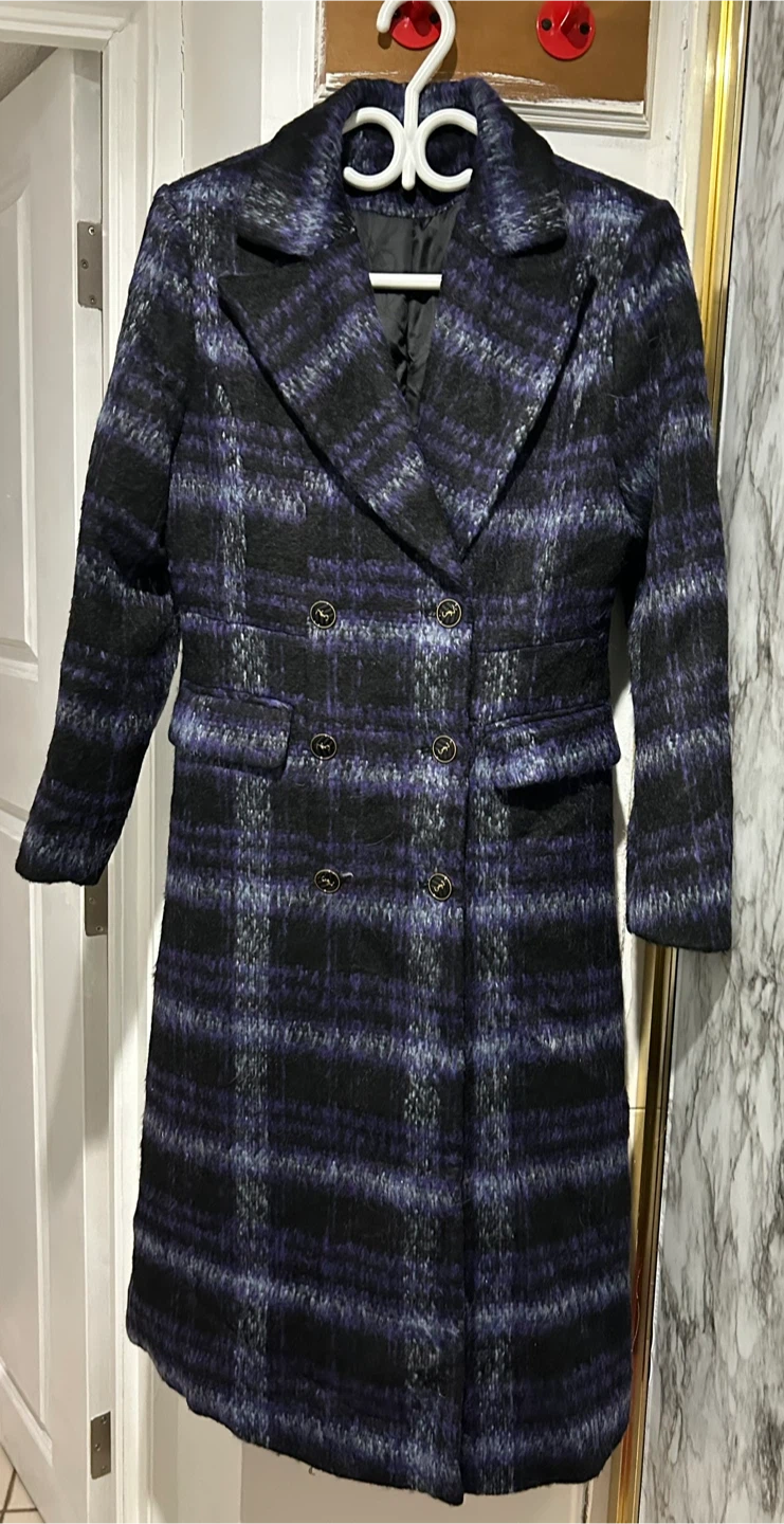 Plaid Wool Blend Long Coat