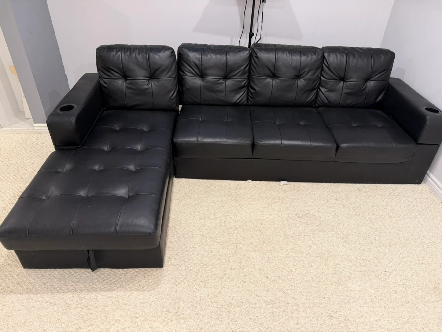 Black Leather Sectional Sofa with Storage