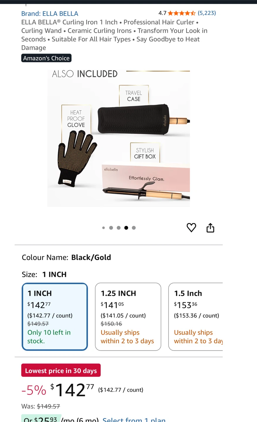 New ELLA BELLA Curling Iron 1 Inch Black/Gold