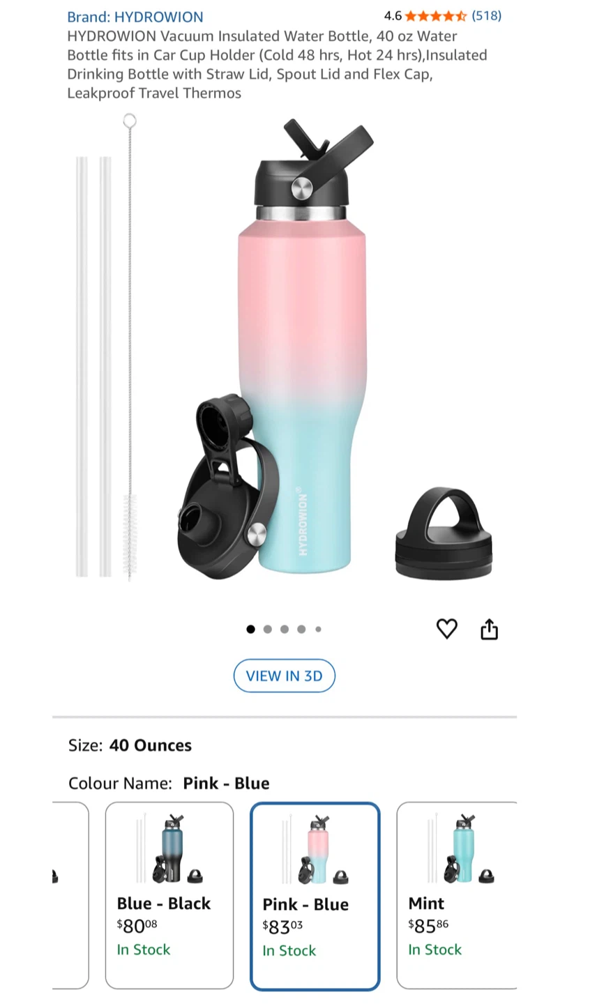 HYDRO WION 40oz Pink-Blue Insulated Water Bottle - NEW