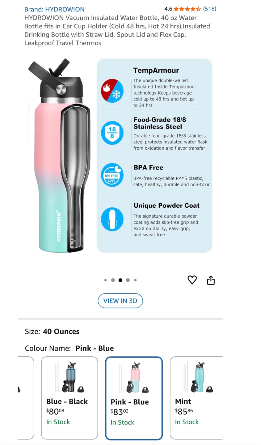 HYDRO WION 40oz Pink-Blue Insulated Water Bottle - NEW - photo 3