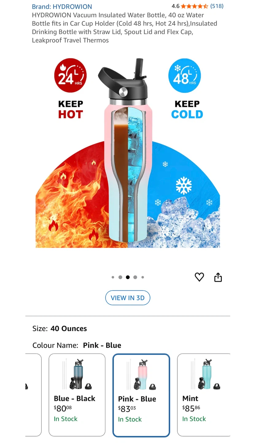 HYDRO WION 40oz Pink-Blue Insulated Water Bottle - NEW - photo 2