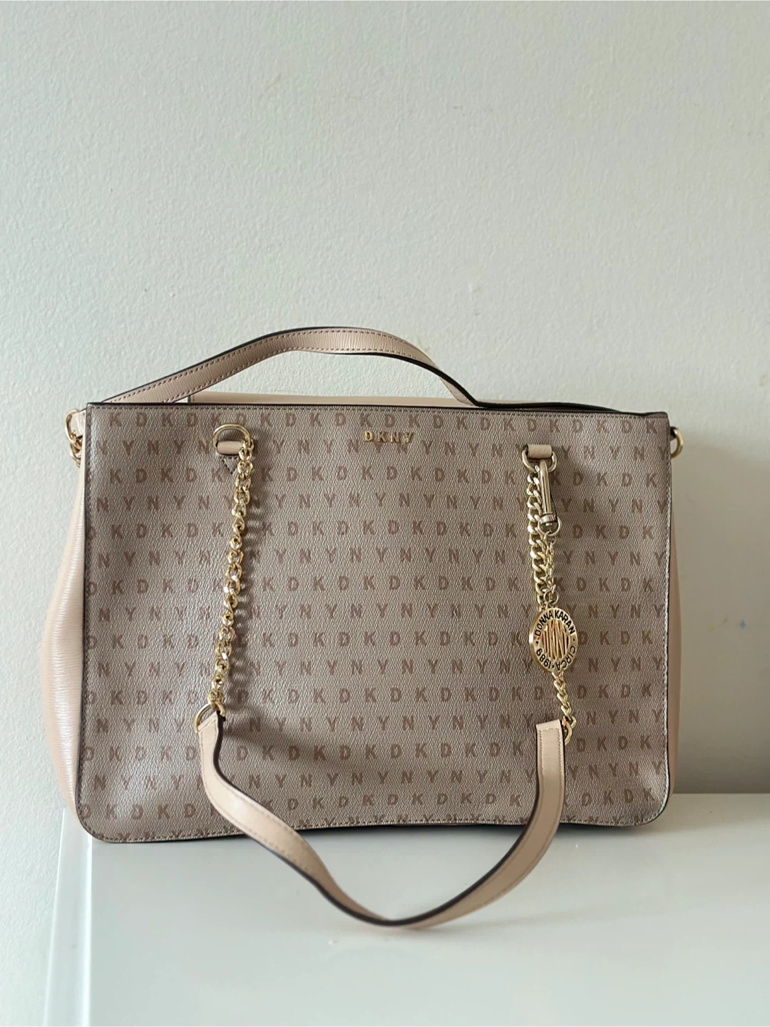 DKNY Beige Tote Bag with Chain Detail