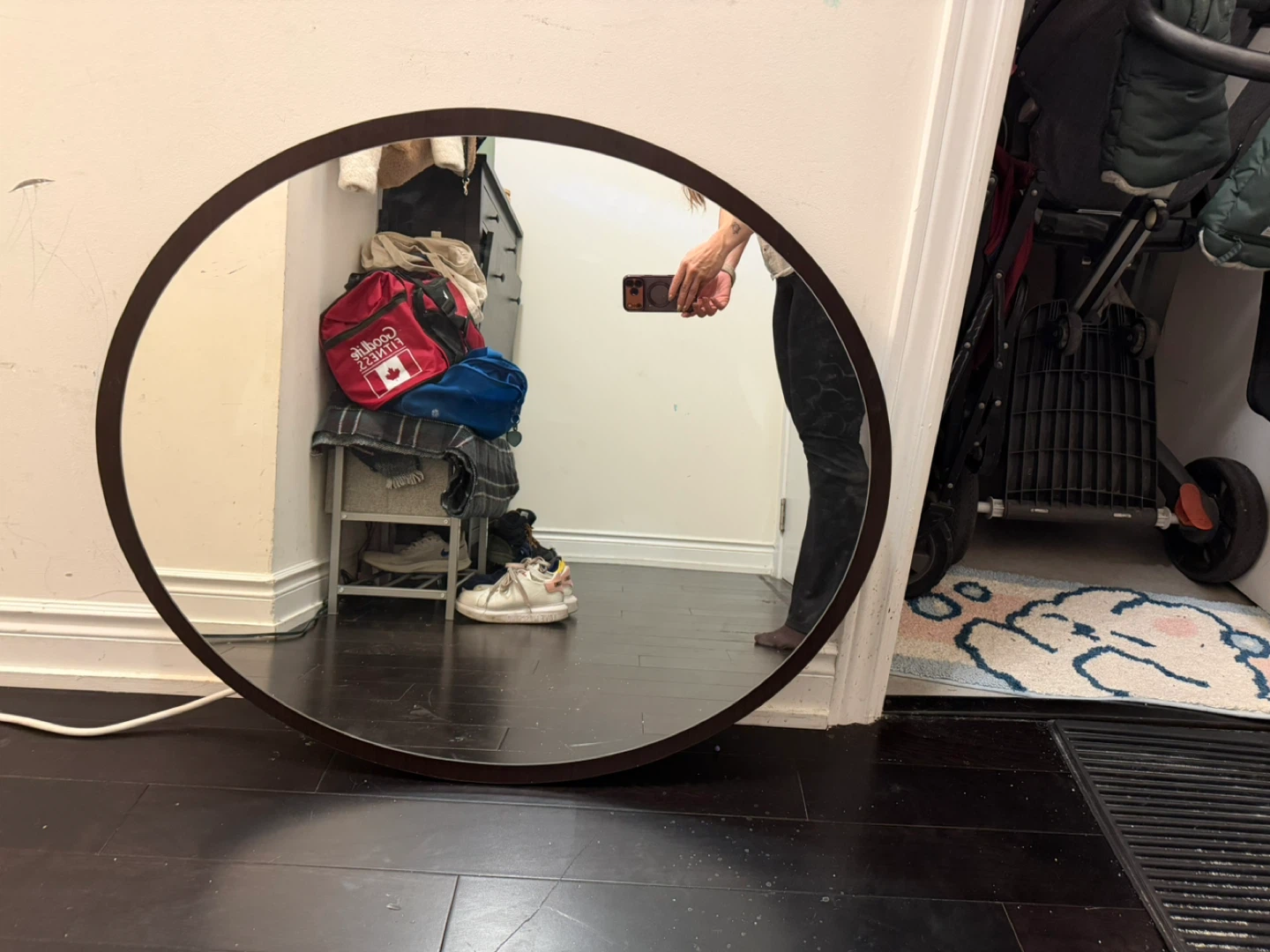 Round Wall Mirror - Brown Frame