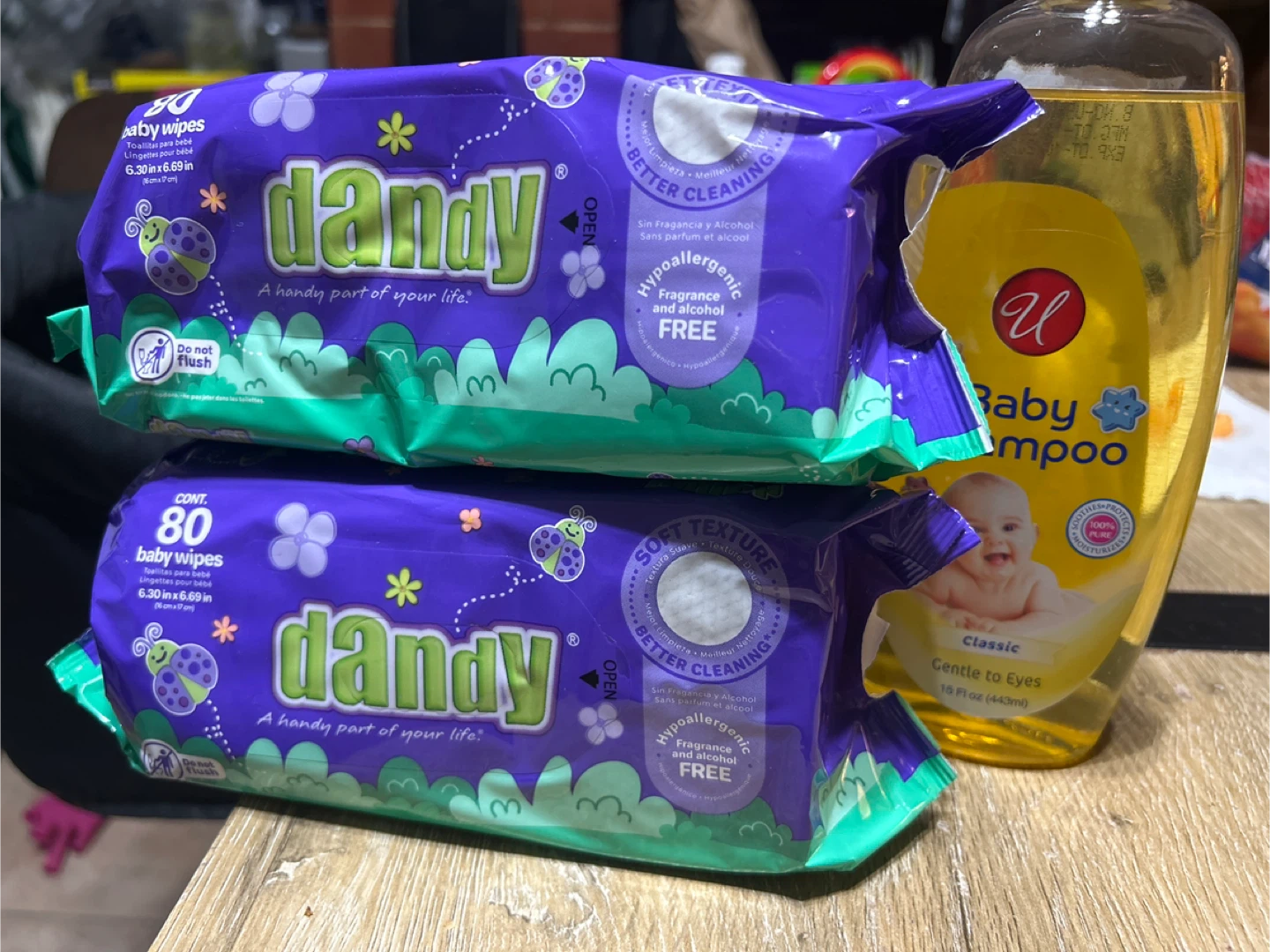 Baby wipes and baby shampoo