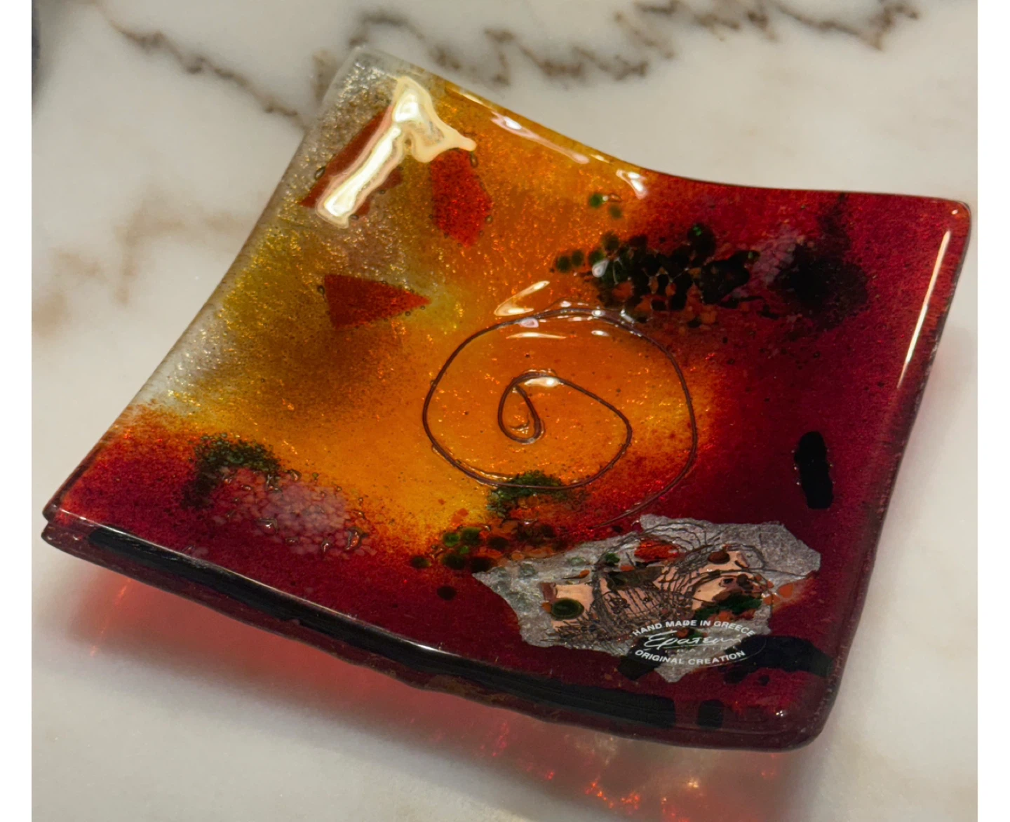 Brand new 6”x6” handmade in Greece art glass dish