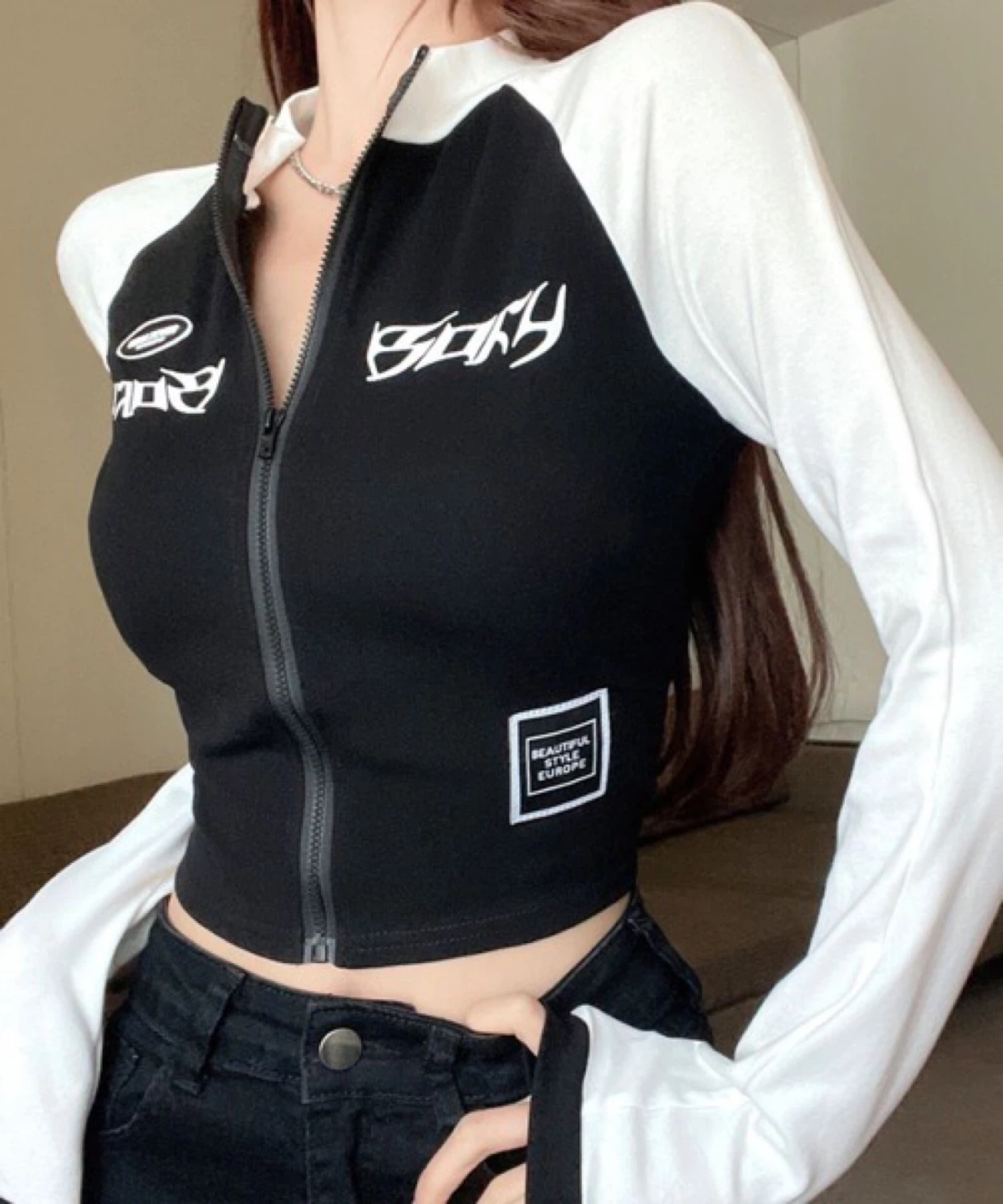 Black & White Long Sleeve Zip-Up Jacket