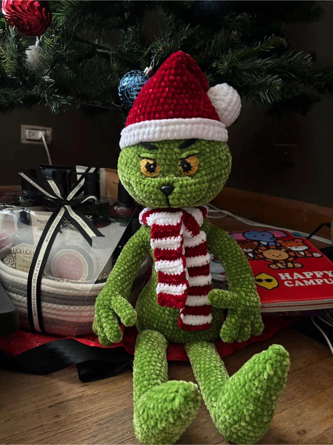 Crocheted Grinch Doll with Santa Hat