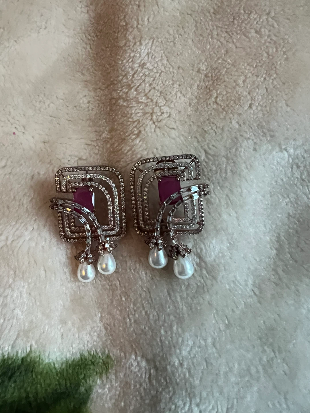 Square Earrings with Ruby and Pearl Accents