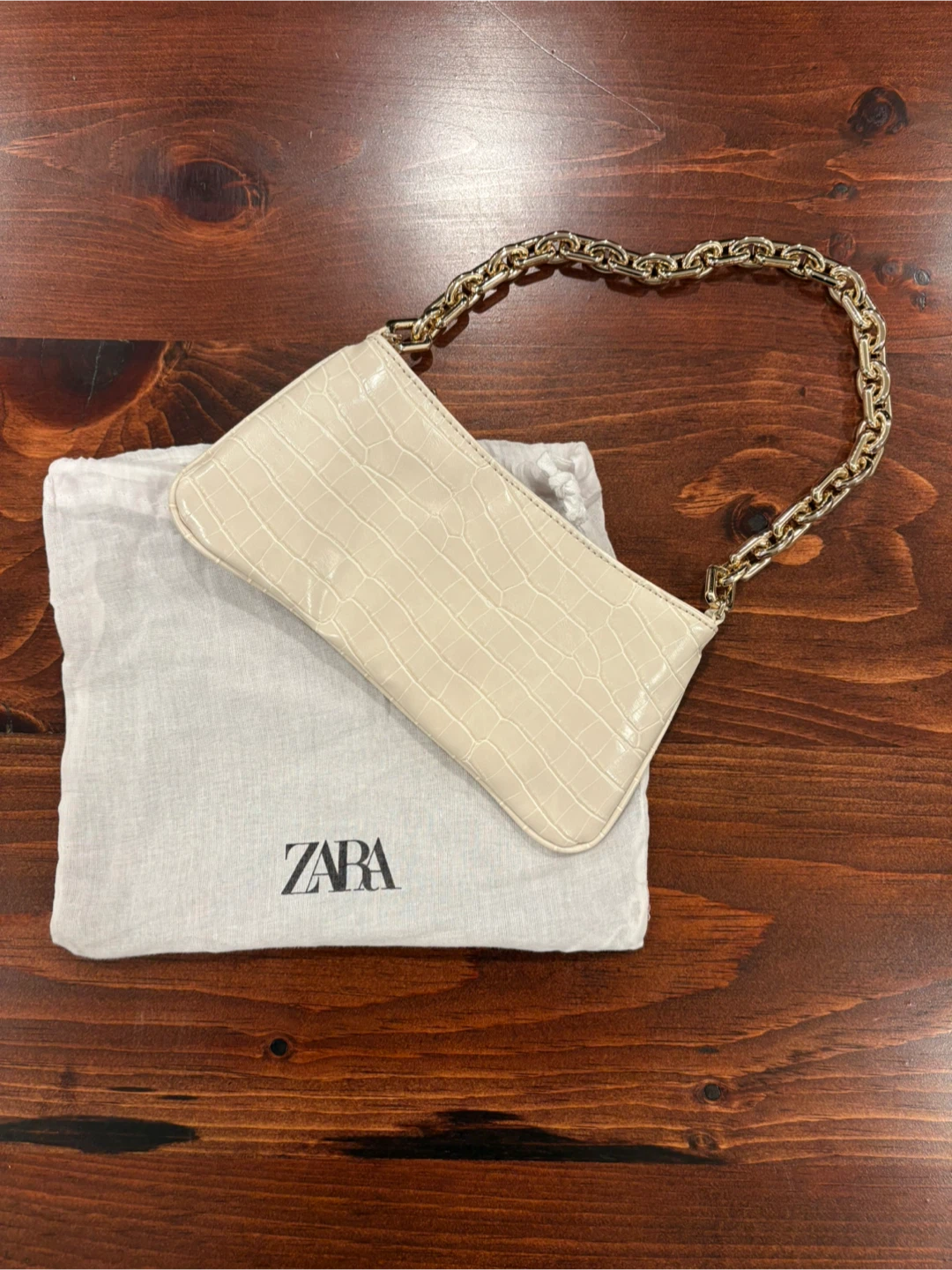 Zara Cream Faux Croc Shoulder Baguette Purse
